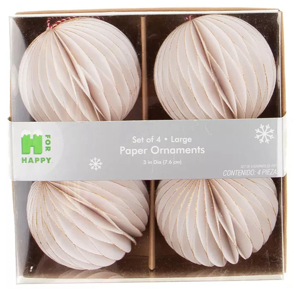 Christmas 3" Paper Ornaments Set of 4 Large Round Hanging White Gold H For Happy - Picture 1 of 3